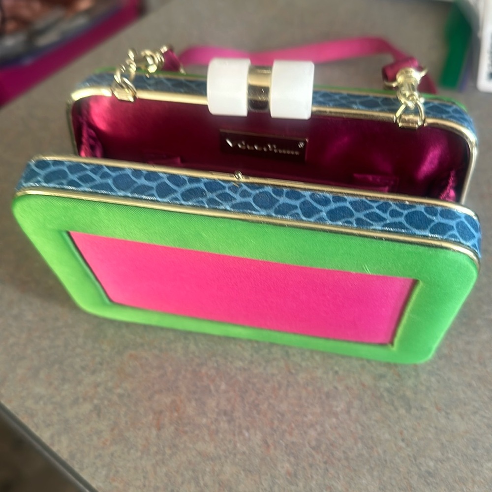 Volum evening bag.  Fabric exterior and interior. 
Gorgeous color blocking.
